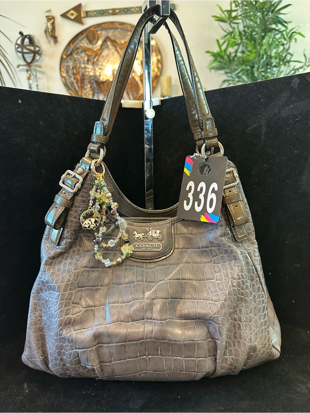 Coach #336 Croc-Embossed Gunmetal Olive Leather Shoulder Bag sought after color